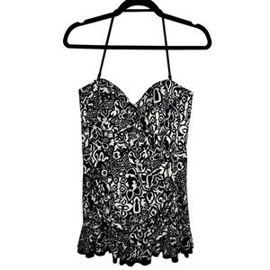 APT. 9 Black White‎ Print Halter One-Piece Swimsuit XL Swimdress Conservative